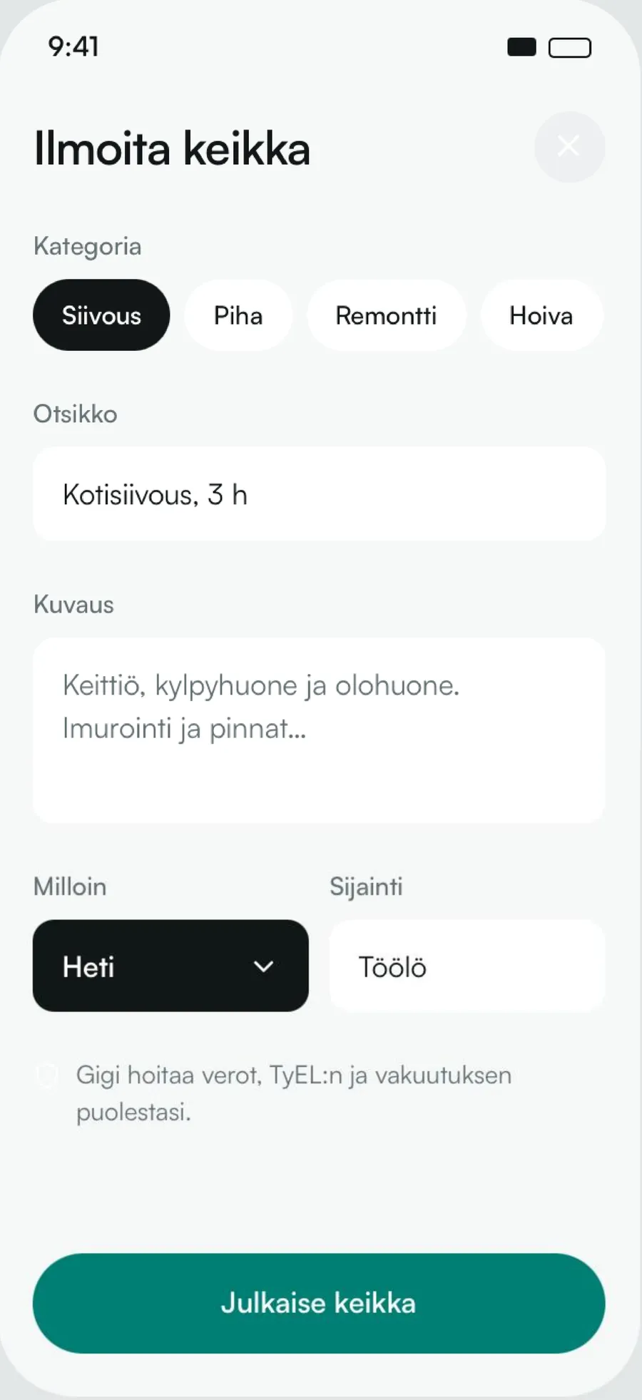 Kuvakaappaus Gigi-sovelluksesta: keikan ilmoittaminen.